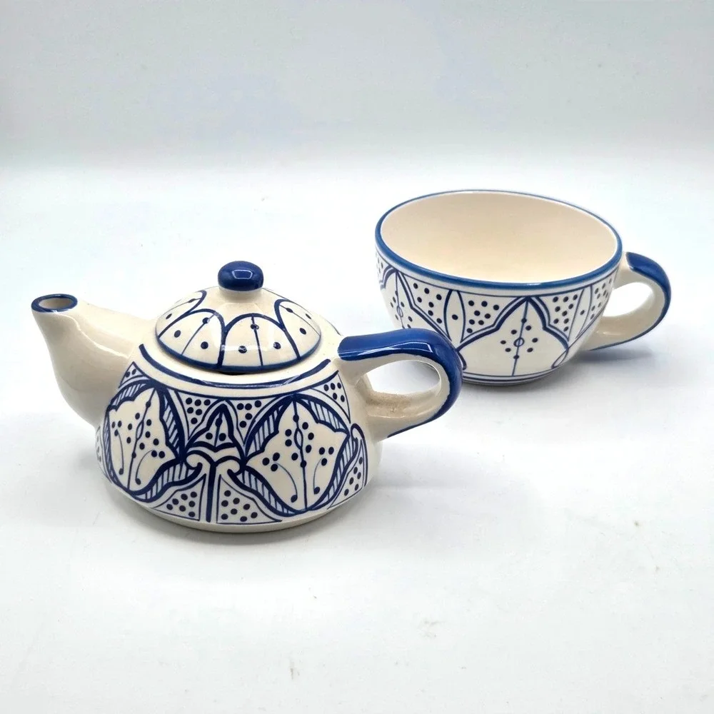 VINTAGE Moroccan Inspired TeaPot Tea For One 3 Piece Blue & White‎ - Thailand